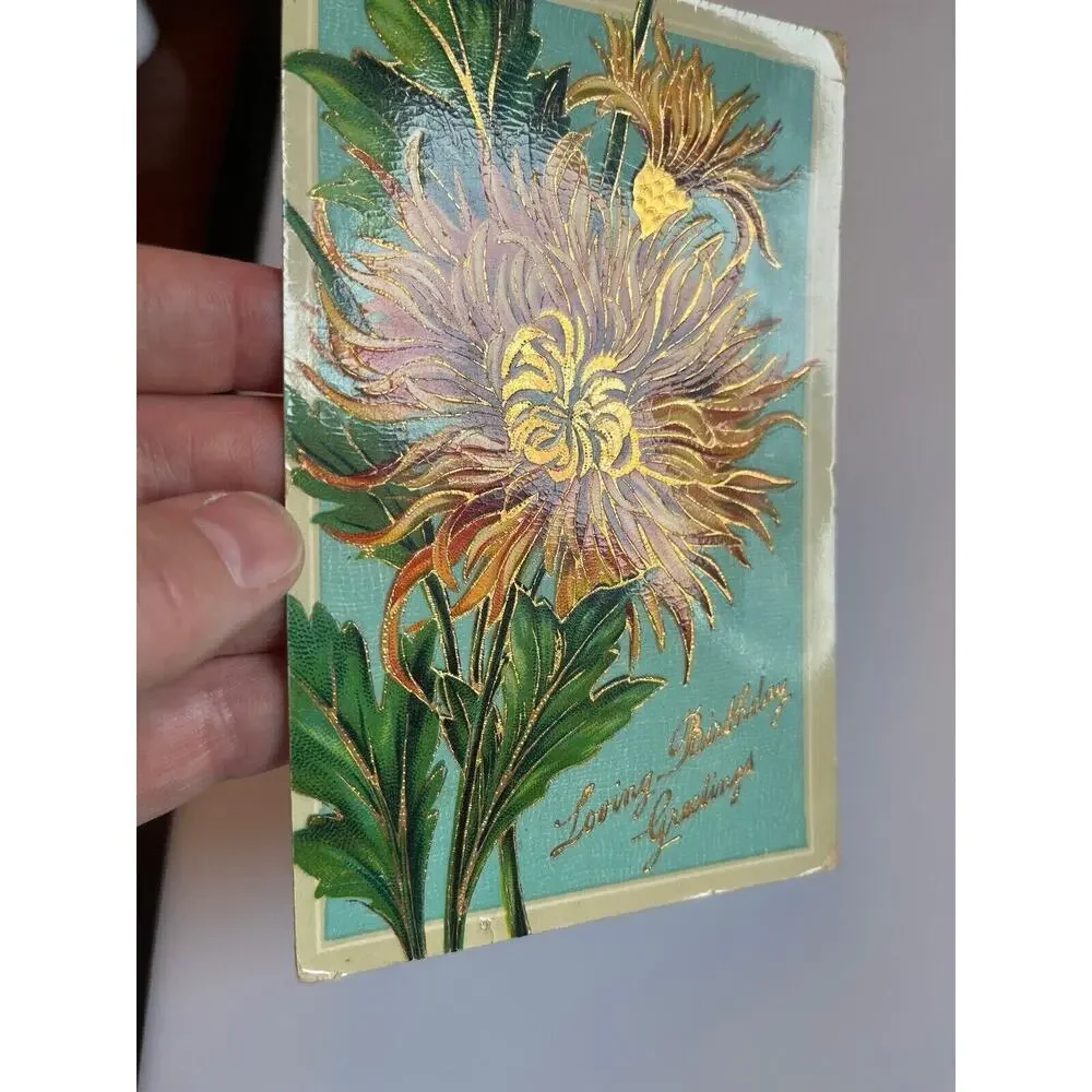 Antique 1913 Ephemera Postcard Birthday Wishes Embossed Metallic Marigolds SEE
